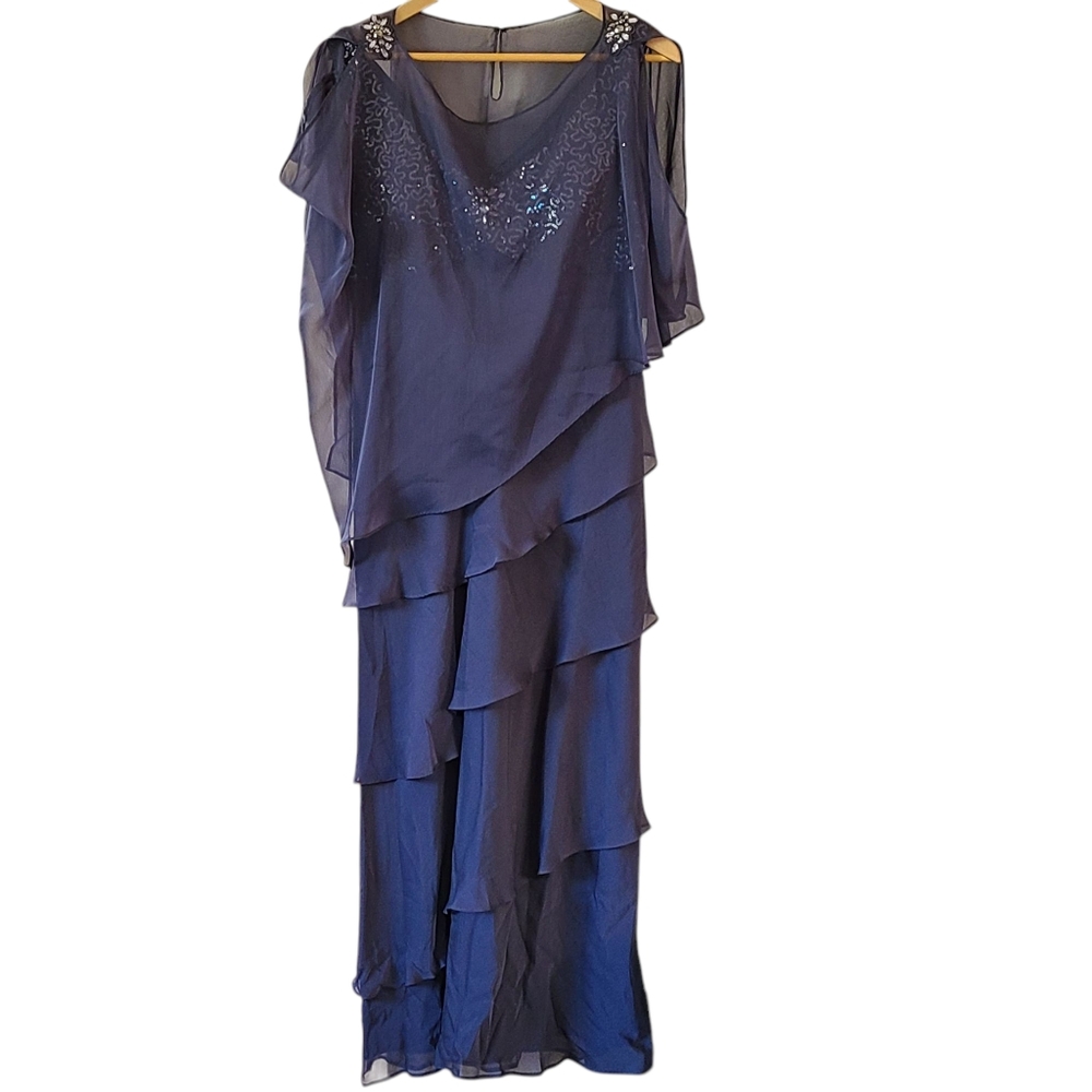 Elegant Gray Layered Evening Dress Sheer Cover 14 Embellished Sequined Formal